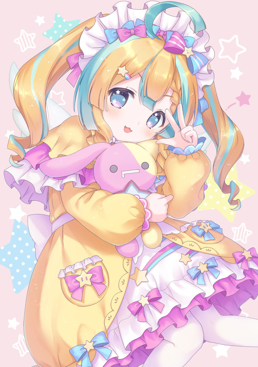 1girl absurdres ahoge amakawa_hano blonde_hair blue_eyes blue_hair bow commission dress frilled_dress frills hair_bow hair_ornament highres kemamire long_hair long_sleeves multicolored_hair pantyhose puffy_long_sleeves puffy_sleeves re:act skeb_commission smile solo star_(symbol) star_hair_ornament streaked_hair stuffed_animal stuffed_rabbit stuffed_toy v virtual_youtuber white_dress white_pantyhose