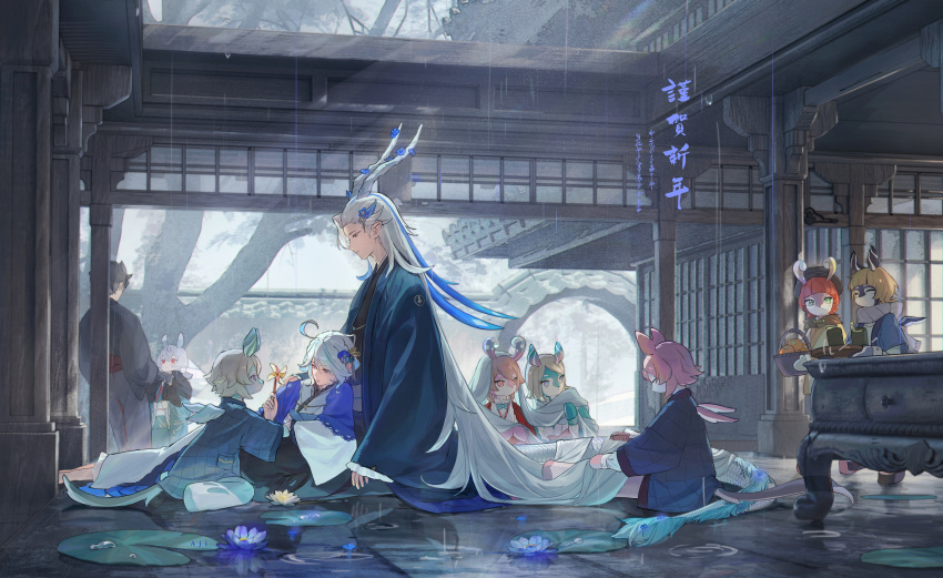 2boys 6+girls ^_^ absurdly_long_hair absurdres aeval_(genshin_impact) ahoge aji_11300913 aqua_bow aqua_bowtie architecture asymmetrical_hair basket black_hair black_headwear black_kimono blathine_(genshin_impact) blue_coat blue_hair blunt_bangs bow bowtie brown_hair brushing_another's_hair brushing_hair closed_eyes closed_mouth coat comb commentary_request crossed_bangs cup dragon_boy dragon_horns dragon_tail east_asian_architecture elphane_(genshin_impact) flower food frilled_kimono frills fruit furina_(genshin_impact) genshin_impact green_eyes hair_between_eyes hair_flower hair_ornament hand_up haori hat highres holding holding_basket holding_comb holding_pinwheel holding_tray horns japanese_clothes kanzashi kimono lattice liath_(genshin_impact) light_brown_hair lily_pad long_hair long_sleeves looking_down low_twintails medium_hair melusine_(genshin_impact) multicolored_hair multiple_boys multiple_girls neuvillette_(genshin_impact) orange_(fruit) parted_bangs pink_eyes pinwheel pom_pom_(clothes) pom_pom_hair_ornament purple_scarf rain redhead rhemia_(genshin_impact) scarf sedene_(genshin_impact) short_hair short_twintails sigewinne_(genshin_impact) sitting sleeves_past_wrists smile streaked_hair swept_bangs table tail translation_request tray tree twintails very_long_hair violet_eyes wariza water water_lily_flower white_hair white_kimono wide_sleeves wings wriothesley_(genshin_impact) yellow_flower yunomi