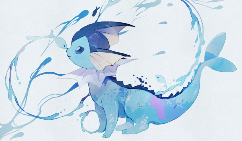animal_focus blue_eyes bright_pupils commentary fins fish from_side full_body grey_background happy head_fins highres li04r no_humans pokemon pokemon_(creature) sitting smile solid_circle_eyes solo vaporeon water water_drop white_pupils
