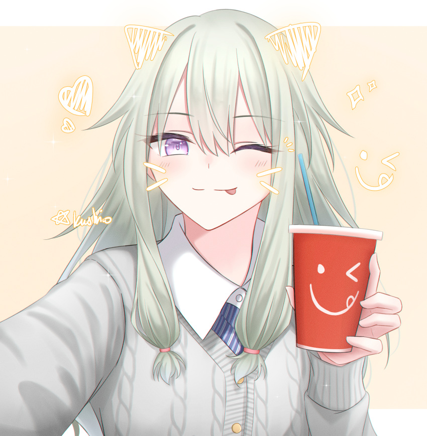 1girl ;p absurdres artist_name blush cardigan closed_mouth cup disposable_cup drawn_ears drawn_whiskers drinking_straw english_commentary green_hair hair_between_eyes heart highres holding holding_cup kusanagi_nene kushiro147 long_hair long_sleeves looking_at_viewer one_eye_closed project_sekai sepia_background shirt sidelocks solo star_(symbol) striped_clothes striped_shirt tongue tongue_out two-tone_background violet_eyes white_background