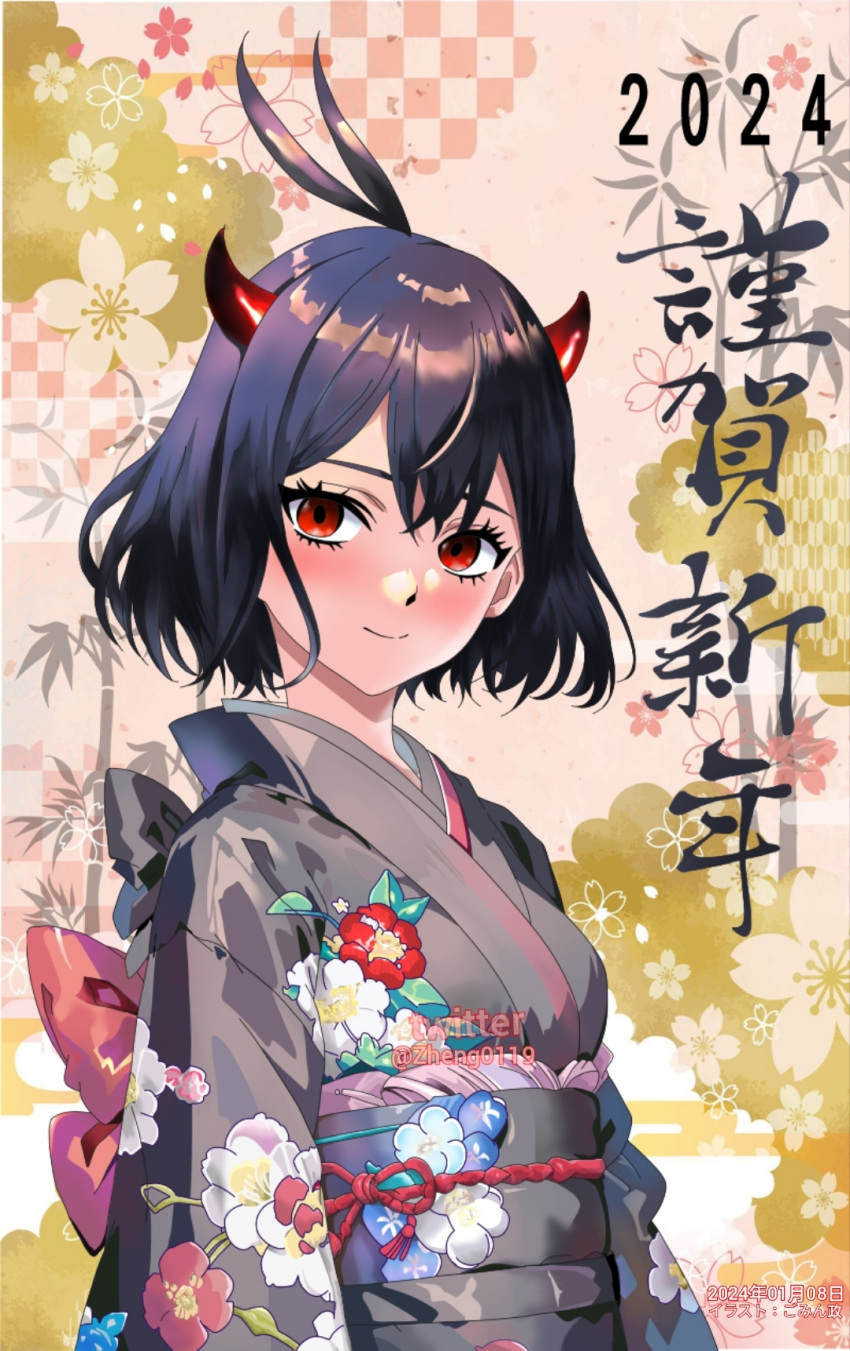 1girl 2024 alternate_costume antenna_hair black_clover black_hair closed_mouth demon_girl demon_horns f3968837 floral_print grey_kimono highres horns japanese_clothes kimono new_year red_eyes red_horns sash secre_swallowtail smile solo