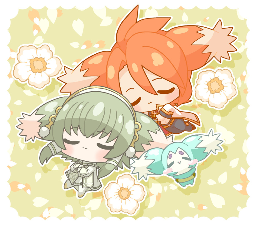 3boys :3 border chibi closed_eyes closed_mouth crossed_arms flower from_above gold_trim green_background green_hair hair_between_eyes highres ion_(tales) jacket lorelei_0314 luke_fon_fabre lying male_focus mieu_(tales) multiple_boys on_back redhead tales_of_(series) tales_of_the_abyss white_border white_flower white_jacket