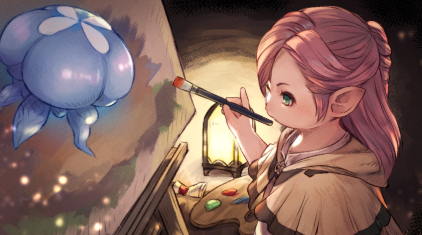 1girl canvas_(object) cloak denka_(cloudy-gray) final_fantasy final_fantasy_xiv flat_chest from_side green_eyes holding holding_brush holding_palette jellyfish lalafell lamp looking_ahead medium_hair paint_tube painting_(action) painting_(object) palette_(object) pink_hair pointy_ears shirt solo upper_body warrior_of_light_(ff14) white_cloak white_shirt