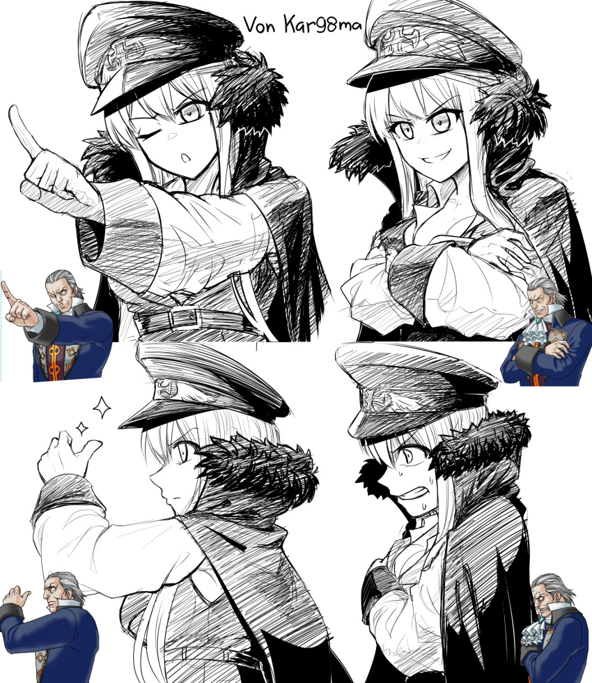 1boy 1girl closed_mouth cross crossed_arms english_commentary fur_trim girls_frontline hat highres iron_cross kar98k_(girls'_frontline) long_hair manfred_von_karma military_hat monochrome multiple_boys open_mouth peaked_cap pose_imitation reference_inset senpaihawkkun serious simple_background smile smug sweat upper_body white_background