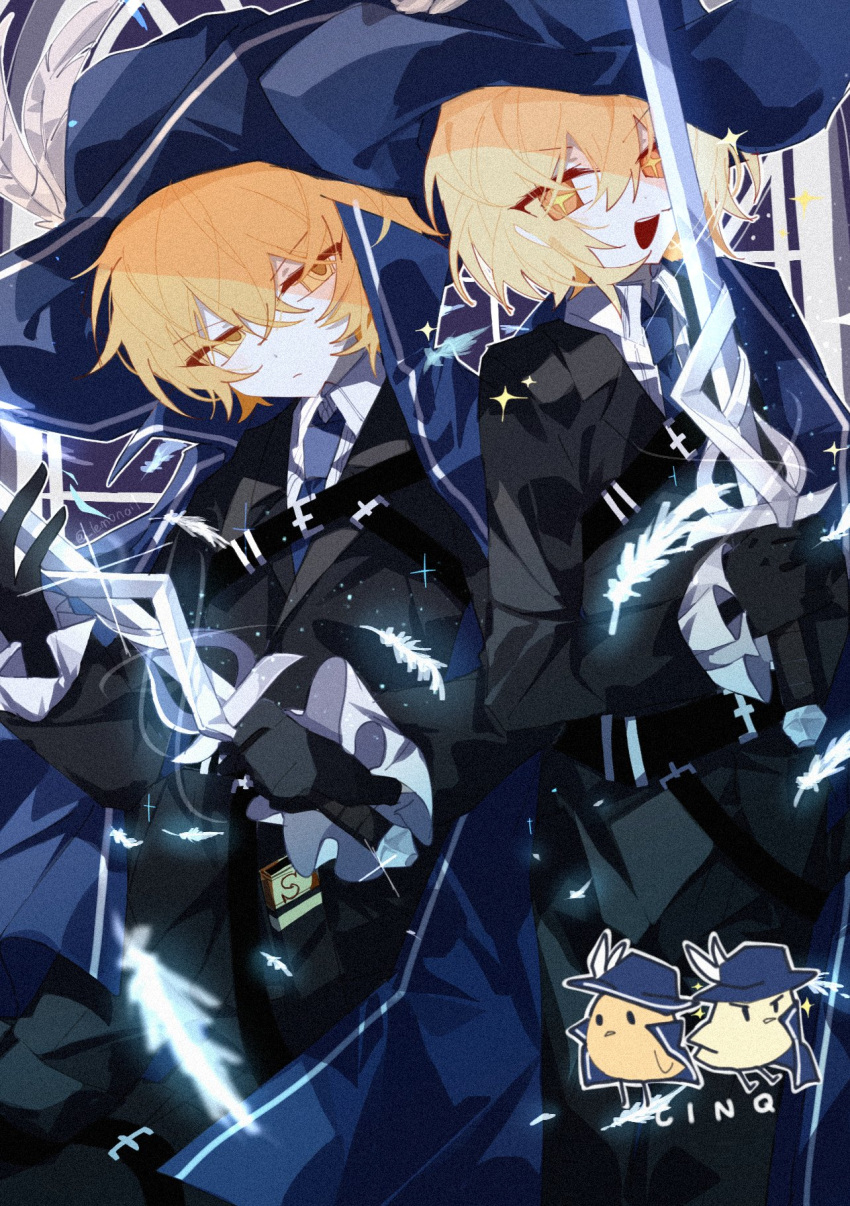 1boy 1girl black_gloves black_jacket blonde_hair blue_cape blue_headwear blue_necktie cape cavalier_hat closed_mouth collared_shirt cowboy_shot don_quixote_(project_moon) feathers gloves highres holding holding_sword holding_weapon jacket lemonail limbus_company long_sleeves looking_at_viewer necktie open_mouth project_moon rapier shirt short_hair sinclair_(project_moon) smile sparkling_eyes sword weapon white_shirt yellow_eyes