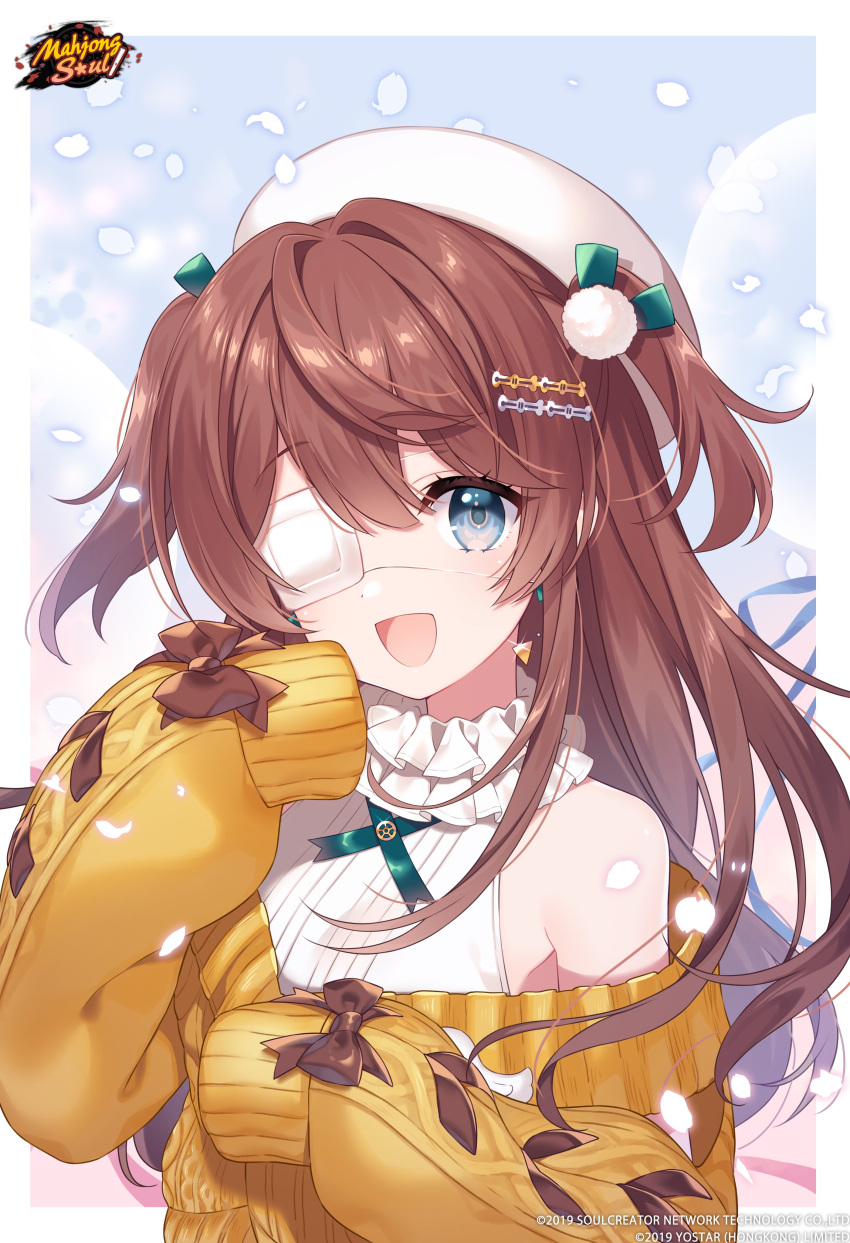 1girl :d absurdres bare_shoulders blue_eyes border brown_hair commentary english_commentary eyepatch hair_ornament hat highres kusumoto_shizuru logo long_sleeves mahjong_soul medical_eyepatch official_art outdoors shinomiya_fuyumi smile solo sweater upper_body white_border white_headwear yellow_sweater