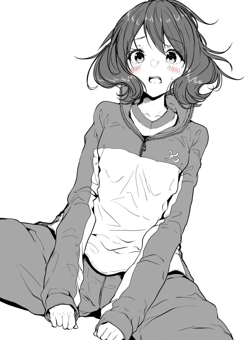 1girl blush breasts collarbone commentary_request gym_shirt hibike!_euphonium highres jacket long_sleeves looking_at_viewer mokufuu monochrome open_mouth oumae_kumiko pants shirt simple_background sitting sleeves_past_wrists small_breasts solo spot_color spread_legs track_jacket track_pants track_suit white_background