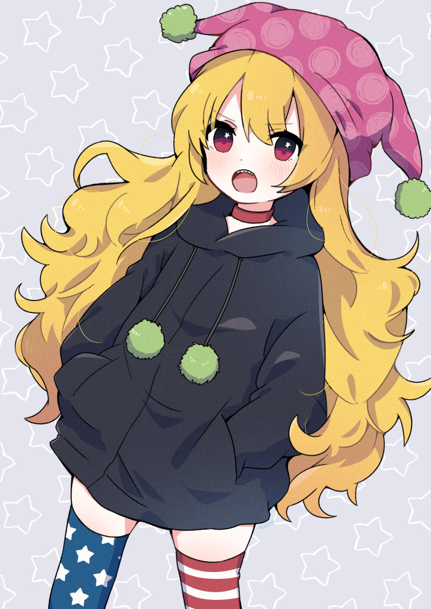 1girl absurdres american_flag_legwear black_hoodie blonde_hair blush choker clownpiece cowboy_shot grey_background hands_in_pockets hat highres hood hoodie jester_cap long_hair long_sleeves looking_at_viewer necono_(nyu6poko) open_mouth pink_headwear polka_dot polka_dot_headwear red_choker red_eyes sharp_teeth solo star_(symbol) star_print striped_clothes striped_thighhighs teeth thigh-highs touhou