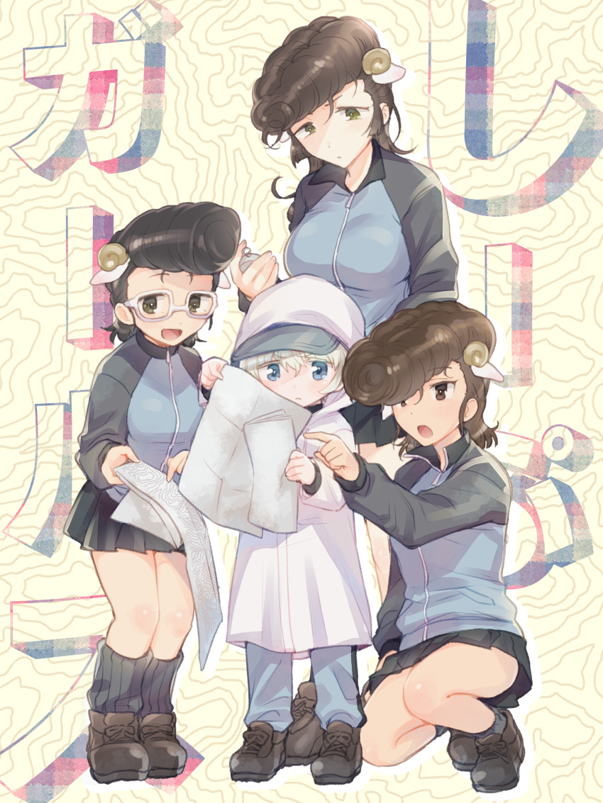 4girls absurdres aged_down ankle_boots baseball_cap black_eyes black_footwear black_hair black_skirt blue_eyes blue_headwear blue_jacket blue_pants boots closed_mouth coat commentary frown girls_und_panzer glasses grey_socks hair_ornament half-closed_eyes hat highres holding holding_map holding_stopwatch hood hood_up hooded_coat horn_hair_ornament horns jacket keizoku_military_uniform koyama_harutarou long_sleeves map map_background military_uniform miniskirt multiple_girls on_one_knee open_mouth pants pleated_skirt pointing pompadour raglan_sleeves sheep_horns short_hair single_vertical_stripe skirt smile socks standing stopwatch text_background track_jacket track_pants translated uniform white-framed_eyewear white_coat white_hair youko_(girls_und_panzer) yuri_(girls_und_panzer)