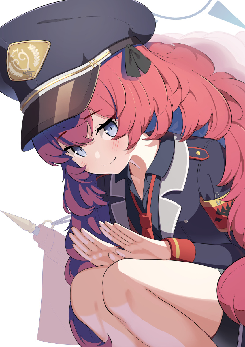 1girl black_headwear black_shirt black_skirt blue_archive blue_halo blush closed_mouth collared_shirt feet_out_of_frame halo hat highres iroha_(blue_archive) long_hair long_sleeves necktie peaked_cap red_necktie redhead rindou_ringdong shirt simple_background skirt smile solo violet_eyes white_background