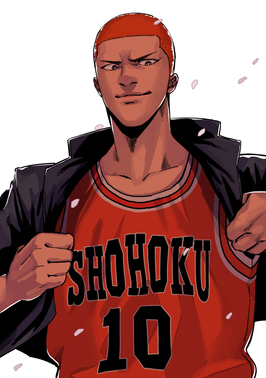 1boy absurdres basketball_jersey black_jacket bright_pupils brown_eyes closed_mouth collarbone falling_petals highres jacket looking_at_viewer male_focus open_clothes open_jacket petals redhead sakuragi_hanamichi short_hair slam_dunk_(series) solo udaruga upper_body white_background white_pupils