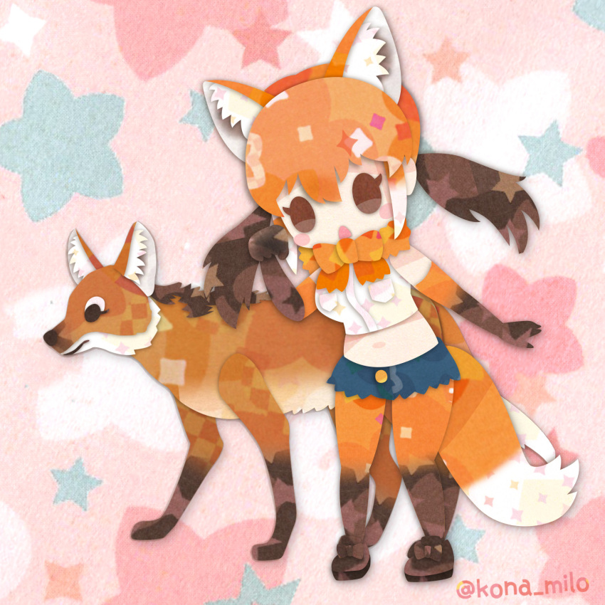 1girl animal animal_ears bow bowtie brown_eyes brown_hair elbow_gloves extra_ears full_body gloves highres japari_symbol kemono_friends kikuchi_milo long_hair looking_at_viewer maned_wolf_(kemono_friends) navel pantyhose pink_background shirt shoes shorts simple_background sleeveless sleeveless_shirt star_(symbol) tail wolf wolf_ears wolf_girl wolf_tail