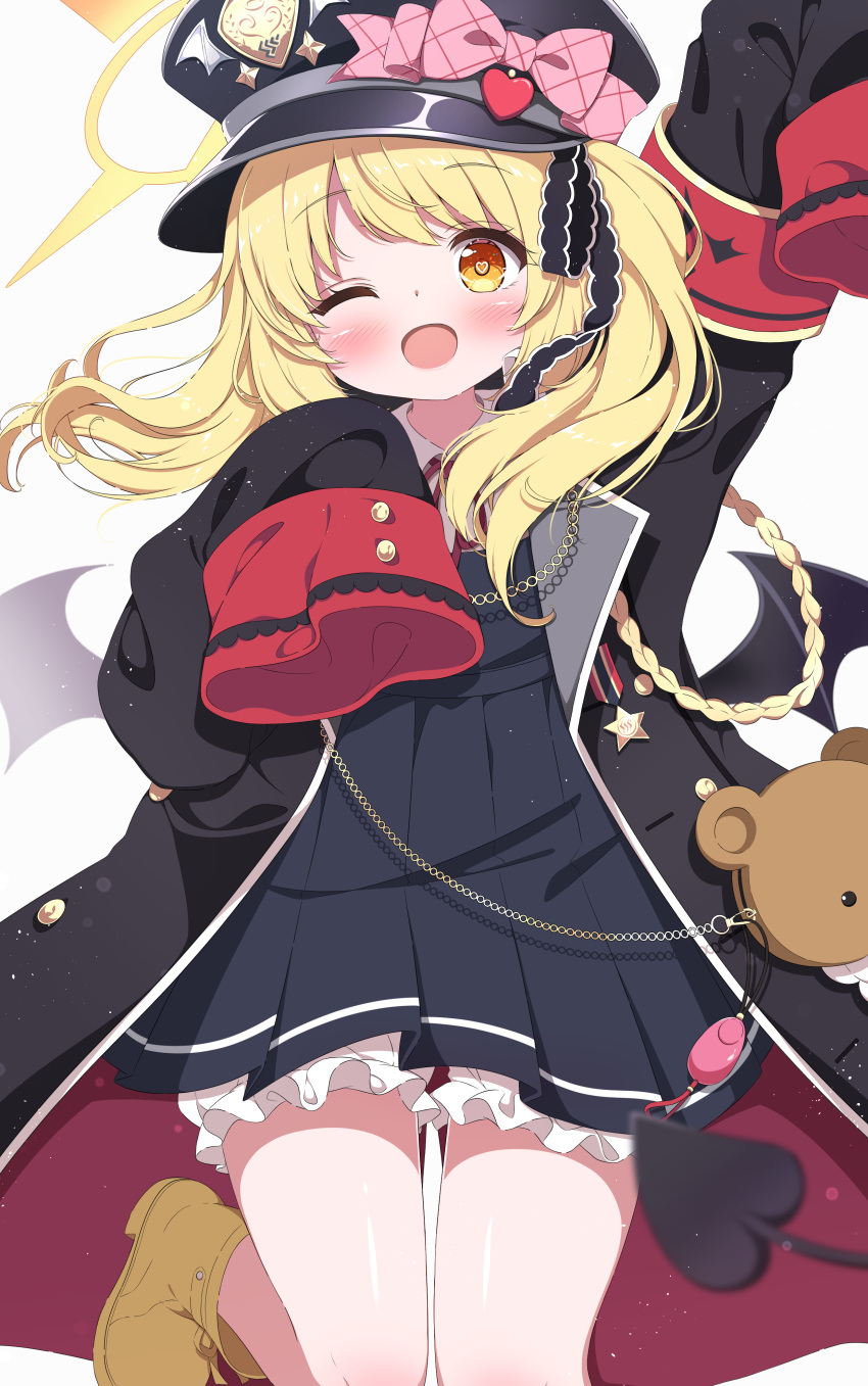 1girl absurdres black_coat black_dress black_headwear blonde_hair bloomers blue_archive blush coat collared_shirt dress g4ku halo hat highres ibuki_(blue_archive) long_hair one_eye_closed open_clothes open_coat open_mouth peaked_cap shirt side_ponytail simple_background sleeves_past_fingers sleeves_past_wrists smile solo white_background white_bloomers white_shirt yellow_eyes yellow_halo