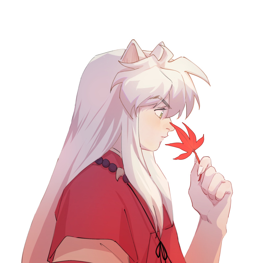 1boy animal_ears autumn_leaves bead_necklace beads dog_ears from_side hand_up highres holding holding_leaf inuyasha inuyasha_(character) japanese_clothes jewelry leaf long_hair looking_at_hand looking_down male_focus maple_leaf necklace sidelocks simple_background solo upper_body white_background white_hair yellow_eyes yuigacyako