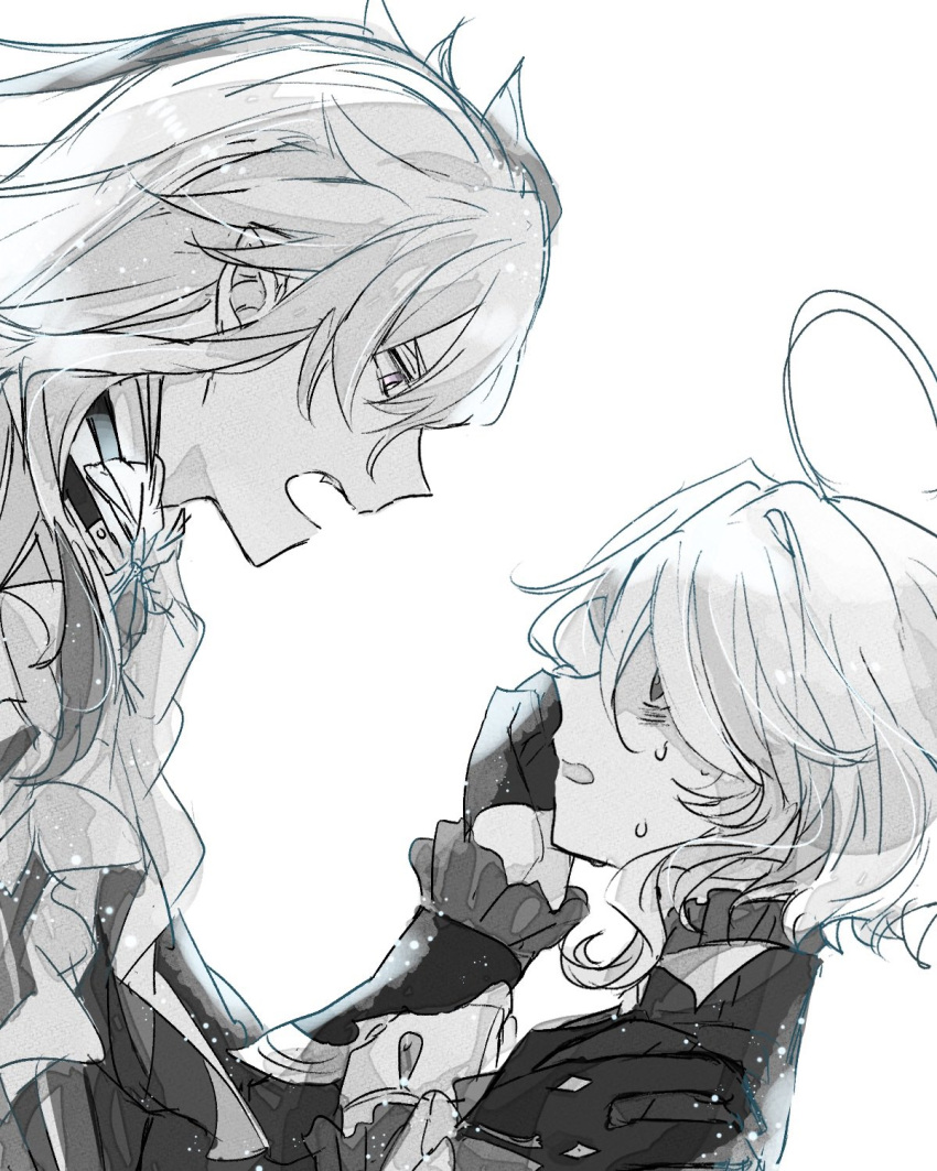 1boy 1girl ahoge ascot bags_under_eyes furina_(genshin_impact) genshin_impact gloves greyscale hair_between_eyes hand_on_another's_shoulder highres long_hair monochrome neuvillette_(genshin_impact) open_mouth ottottouta pointy_ears portrait short_hair sidelocks simple_background sweatdrop white_background