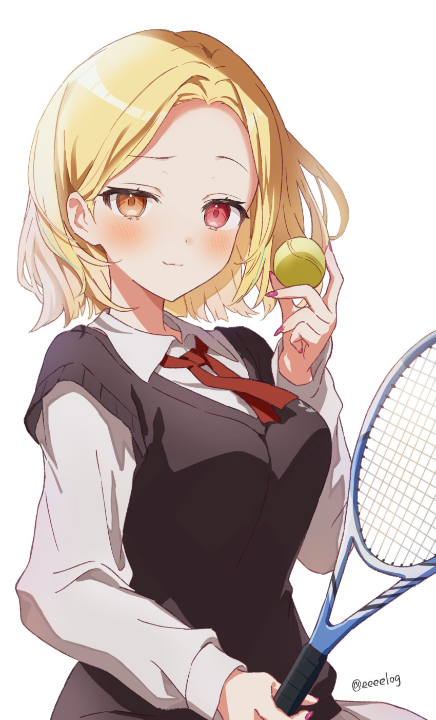 1girl alternate_costume alternate_hair_length alternate_hairstyle ball black_sweater blonde_hair blush breasts closed_mouth collared_shirt forehead h_(eitilog) hand_up heterochromia highres holding holding_ball holding_tennis_racket hoshikawa_sara large_breasts long_sleeves looking_at_viewer nail_polish neck_ribbon nijisanji orange_eyes parted_bangs pink_nails racket raised_eyebrow red_eyes red_ribbon ribbon school_uniform shirt short_hair simple_background smile solo sweater sweater_vest tennis_ball tennis_racket twitter_username upper_body virtual_youtuber white_background white_shirt
