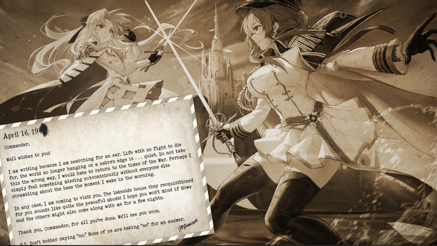 azur_lane duel letter long_hair monarch_(azur_lane) multiple_girls picture_(object) sword