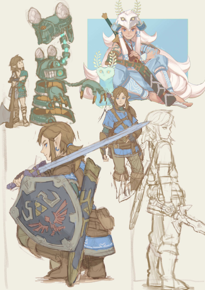 1boy axe blue_shirt brown_hair earrings highres holding holding_shield holding_sword holding_weapon hylian_shield ivy_(sena0119) jewelry layered_sleeves link long_sleeves male_focus multiple_views pointy_ears ponytail robot shield shirt short_over_long_sleeves short_sleeves sitting smile standing sword the_legend_of_zelda the_legend_of_zelda:_tears_of_the_kingdom weapon