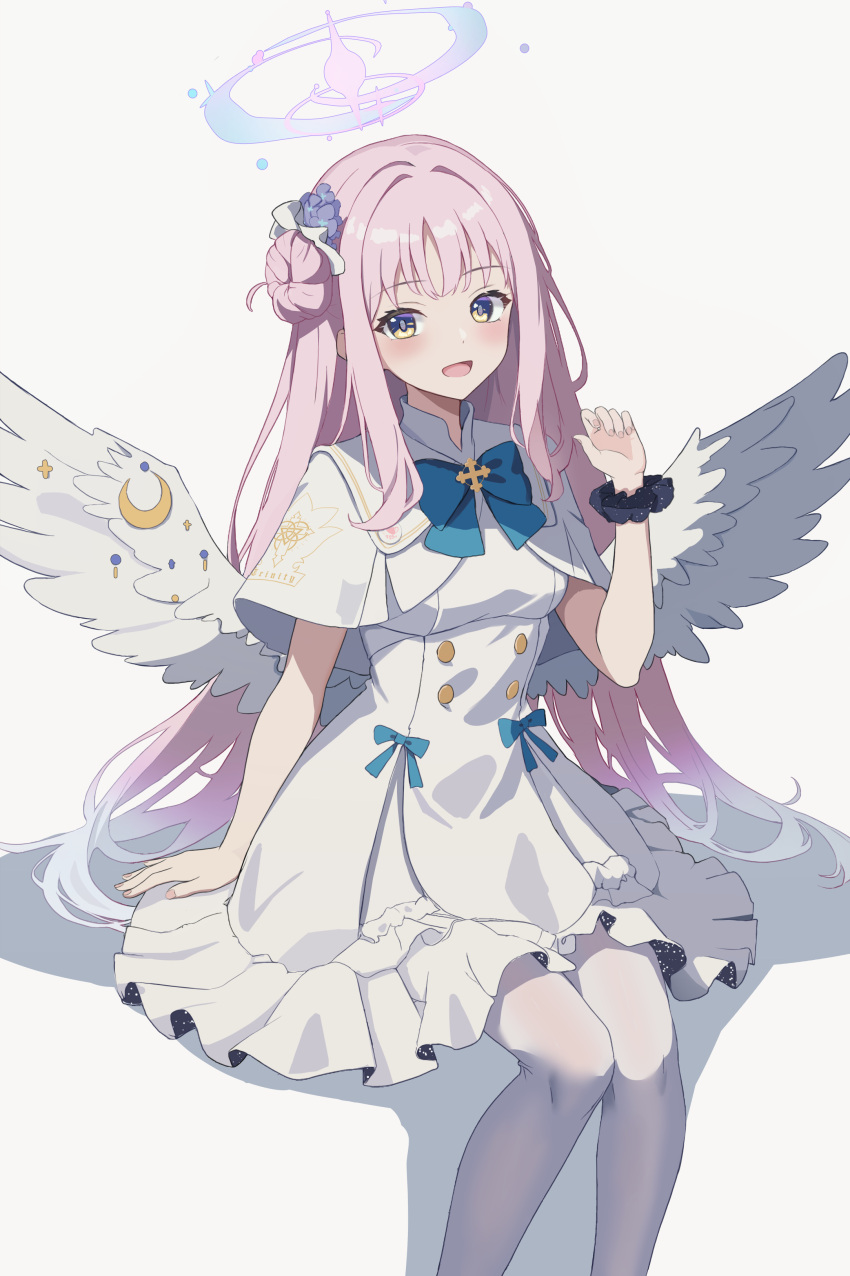 1girl absurdres akagi_koku angel_wings blue_archive blush breasts crescent dress feathered_wings halo highres large_breasts long_hair looking_at_viewer low_wings mika_(blue_archive) pink_hair pink_halo solo white_dress white_wings wings yellow_eyes