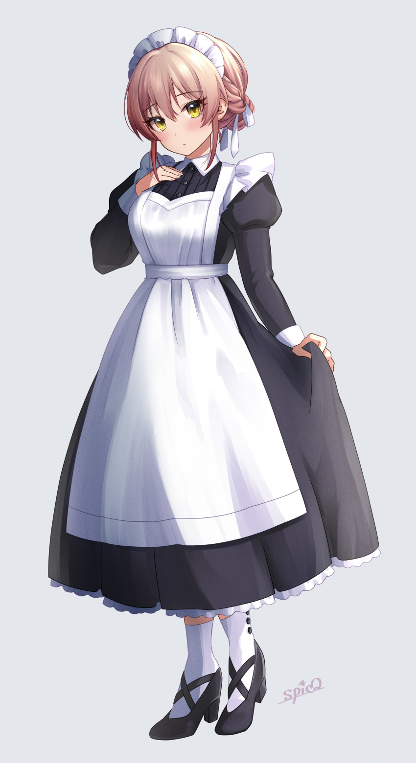 1girl absurdres alternate_costume apron artist_name black_dress blush breasts dress enmaided full_body hand_on_own_chest highres idolmaster idolmaster_cinderella_girls jougasaki_mika juliet_sleeves long_sleeves looking_at_viewer maid maid_apron maid_headdress medium_breasts pink_hair puffy_sleeves signature simple_background skirt_hold socks solo spicapix victorian_maid white_apron white_socks yellow_eyes