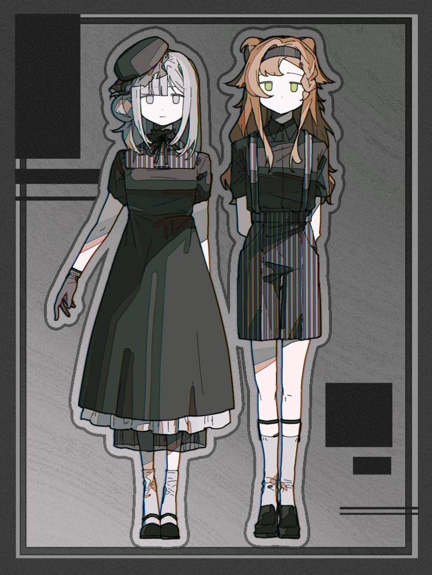 2girls arms_behind_back black_dress black_footwear black_hairband black_headwear black_shirt closed_mouth collared_shirt commentary dress expressionless gloves green_eyes grey_background grey_eyes grey_gloves grey_hair grey_socks hair_bun hairband highres looking_at_viewer multiple_girls orange_hair reverse:1999 shirt short_sleeves shorts single_side_bun socks sonetto_(reverse:1999) striped_clothes striped_shorts suspender_shorts suspenders symbol-only_commentary two_side_up vertin_(reverse:1999) zhizhizi
