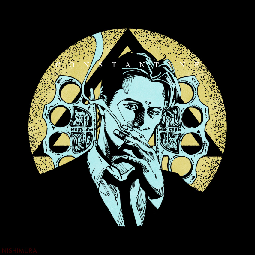 1boy black_background blending brass_knuckles collared_shirt constantine copyright_name fingernails highres jacket john_constantine limited_palette long_sleeves looking_at_viewer male_focus necktie shirt short_hair smoke_trail smoking solo triangle udaruga upper_body weapon