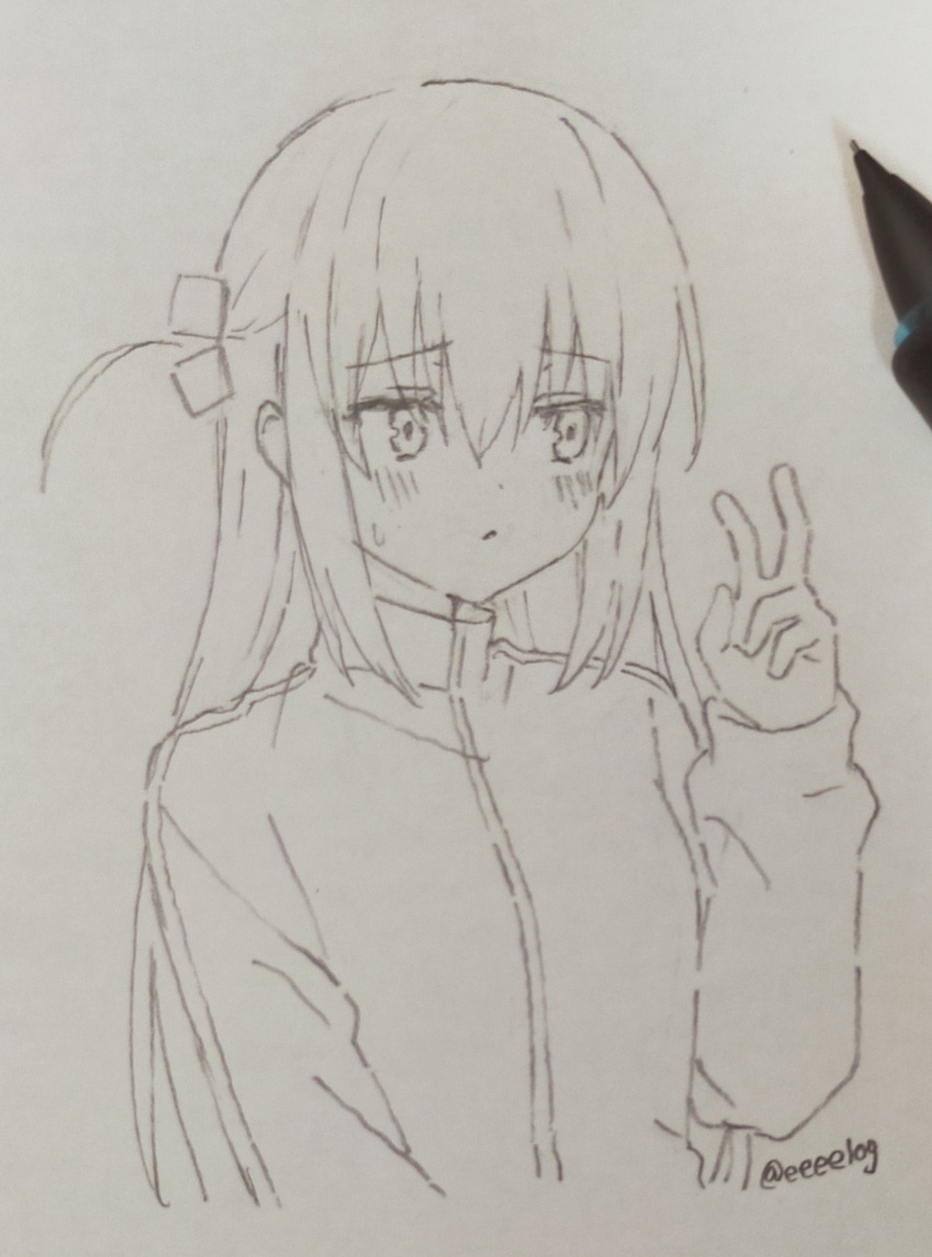 1girl art_tools_in_frame bent_v blush bocchi_the_rock! cropped_torso cube_hair_ornament dot_nose gotoh_hitori h_(eitilog) hair_between_eyes hair_ornament hand_up highres jacket long_hair long_sleeves monochrome one_side_up photo_(medium) sketch solo track_jacket traditional_media twitter_username upper_body