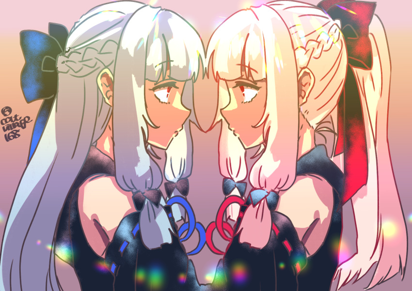 2girls black_bow black_dress black_sleeves blue_bow blue_hair blue_ribbon bow braid closed_mouth commentary_request detached_sleeves dress expressionless eye_contact face-to-face french_braid from_side hair_bow highres ikkokudou kotonoha_akane kotonoha_aoi long_hair looking_at_another low-tied_sidelocks matching_outfits multiple_girls multiple_hair_bows pink_hair ponytail profile raised_eyebrows red_bow red_eyes red_ribbon ribbon siblings sidelocks sisters sleeveless sleeveless_dress symmetry twitter_username upper_body voiceroid
