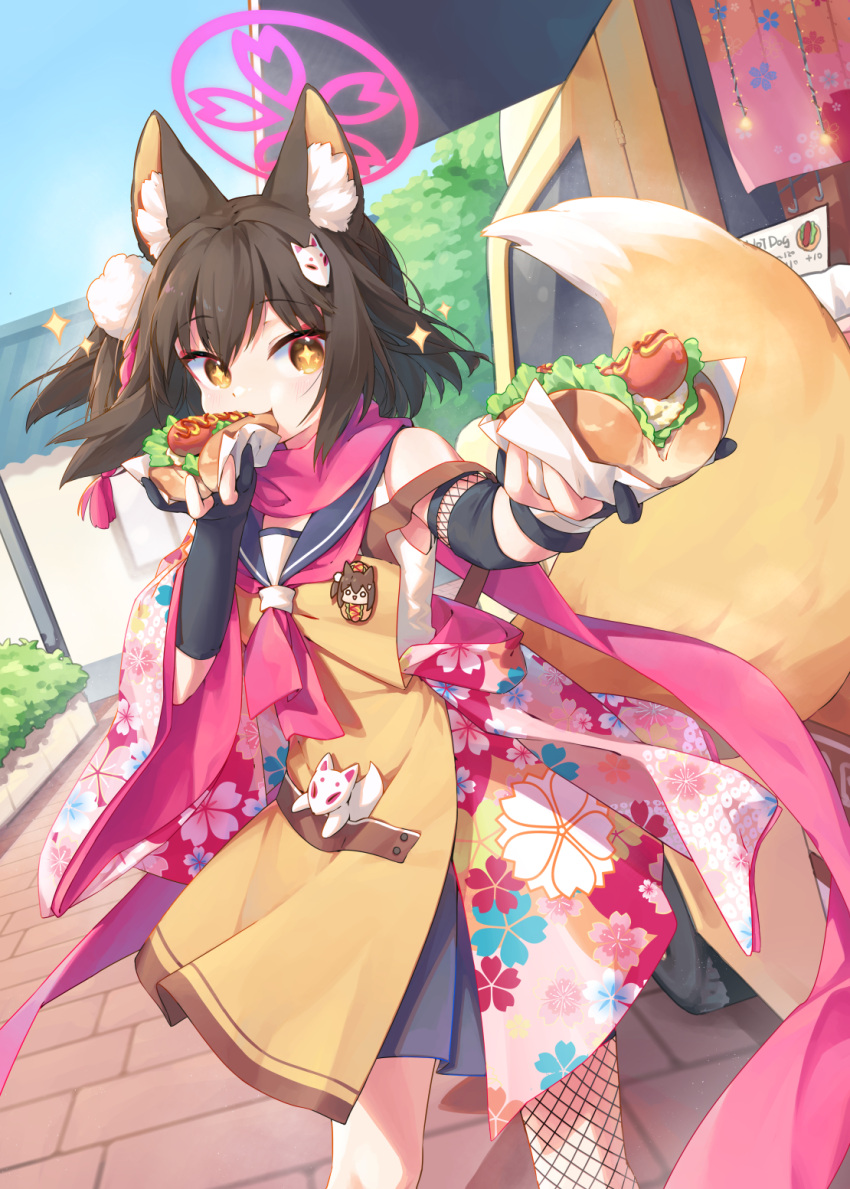 +_+ 1girl aeon_ion animal_ear_fluff animal_ears black_gloves black_hair black_sailor_collar black_skirt blue_archive brown_eyes eating feet_out_of_frame fishnet_thighhighs fishnets food fox_ears fox_tail gloves hair_between_eyes halo highres holding holding_food izuna_(blue_archive) neckerchief partially_fingerless_gloves pink_halo pink_neckerchief pink_scarf pleated_skirt sailor_collar scarf short_hair single_thighhigh skirt solo tail thigh-highs