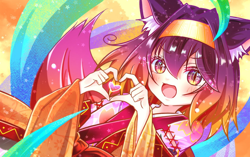 1girl :d animal_ear_fluff animal_ears blush commentary_request floral_print fox_ears fox_girl fox_tail gradient_hair hair_between_eyes hair_intakes hatsuse_izuna heart heart_hands japanese_clothes kimono long_sleeves looking_at_viewer medium_hair multicolored_background multicolored_clothes multicolored_hair multicolored_kimono no_game_no_life non_izuna open_mouth orange_hair orange_kimono pink_kimono purple_hair simple_background smile smug solo sorcerer's_sutra_scroll split_mouth tail upper_body v-shaped_eyebrows violet_eyes wide_sleeves