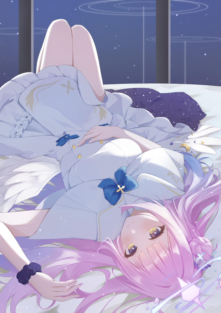 1girl absurdres angel_wings black_scrunchie blue_archive blush breasts capelet closed_mouth dress feathered_wings flower hair_bun hair_flower hair_ornament halo highres long_hair medium_breasts mika_(blue_archive) pink_hair pink_halo purple_flower scrunchie single_side_bun smile solo wan_du29 white_capelet white_dress white_wings wings wrist_scrunchie yellow_eyes