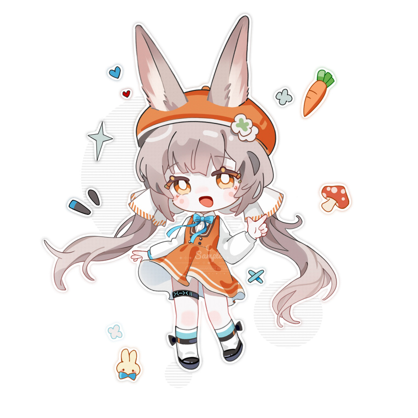 1girl 20000212open :d animal_ears arknights beret black_footwear blue_bow bow brown_hair carrot chibi collared_shirt commentary_request dress ears_through_headwear hat heart highres long_hair long_sleeves low_twintails mushroom orange_dress orange_eyes orange_headwear outline puffy_long_sleeves puffy_sleeves shirt shoes sleeveless sleeveless_dress smile socks solo twintails very_long_hair warmy_(arknights) white_background white_outline white_shirt white_socks