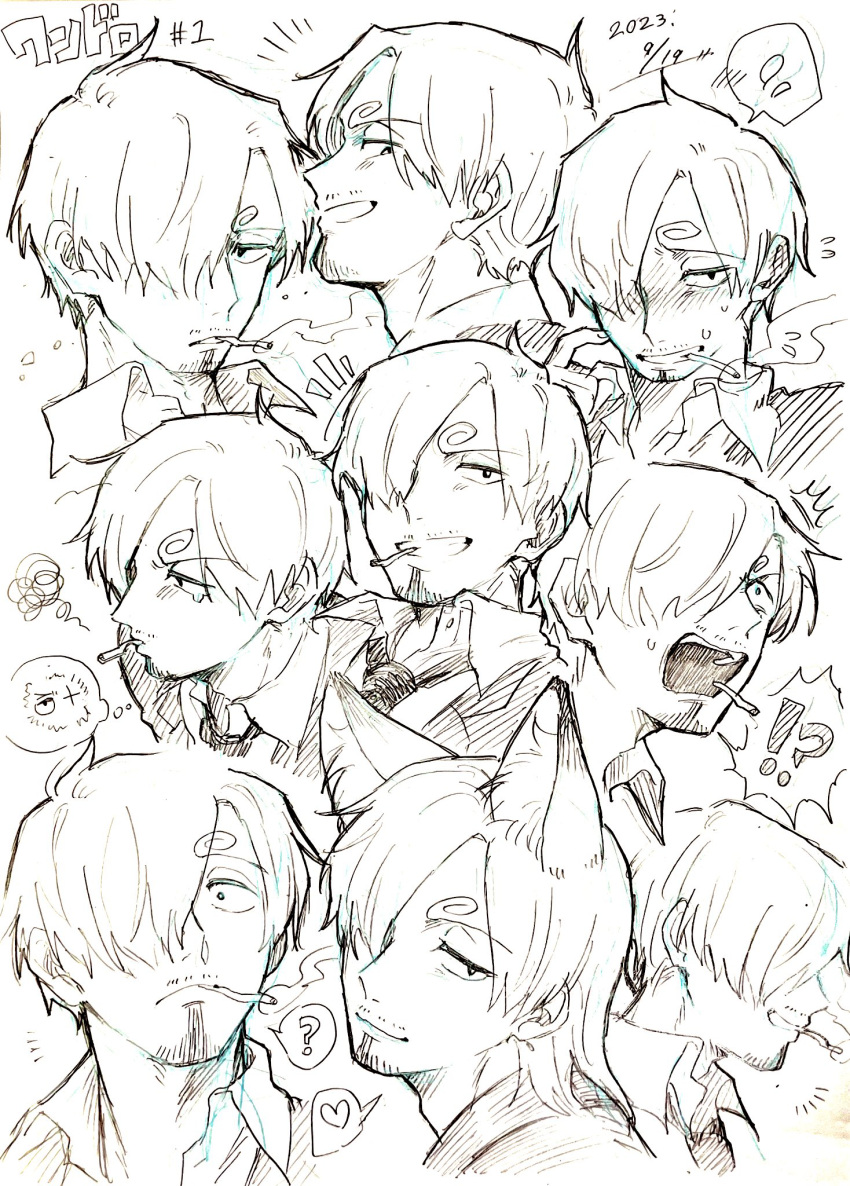 !? 1boy ? alternate_hairstyle angry animal_ear_fluff animal_ears blush cigarette collared_shirt commentary curly_eyebrows expressions facial_hair fox_boy fox_ears frown grin hair_over_one_eye heart highres kurimaron light_smile long_bangs male_focus moss necktie one-hour_drawing_challenge one_piece open_mouth roronoa_zoro sanji_(one_piece) scar scar_across_eye scar_on_face scratching_cheek shirt short_hair simple_background smile spoken_heart spoken_question_mark squiggle stubble tears teeth thought_bubble translated upper_teeth_only