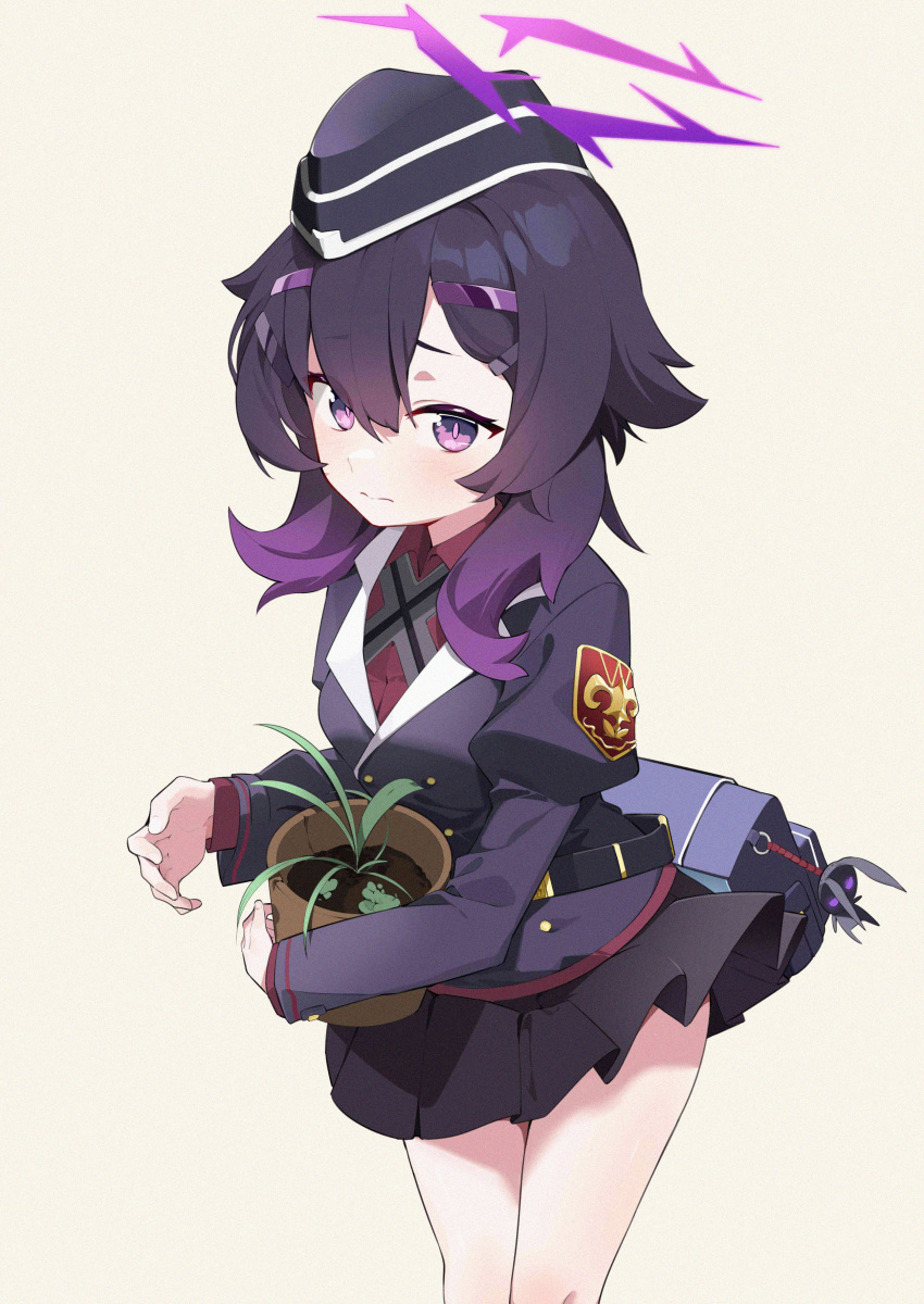 1girl absurdres black_headwear black_jacket black_skirt blue_archive blush closed_mouth collared_shirt feet_out_of_frame garrison_cap hair_between_eyes haruka_(blue_archive) hat highres jacket juliet_sleeves long_sleeves medium_hair plant pleated_skirt potted_plant puffy_sleeves purple_hair red_shirt shirt skirt solo violet_eyes wako_(1194433260)