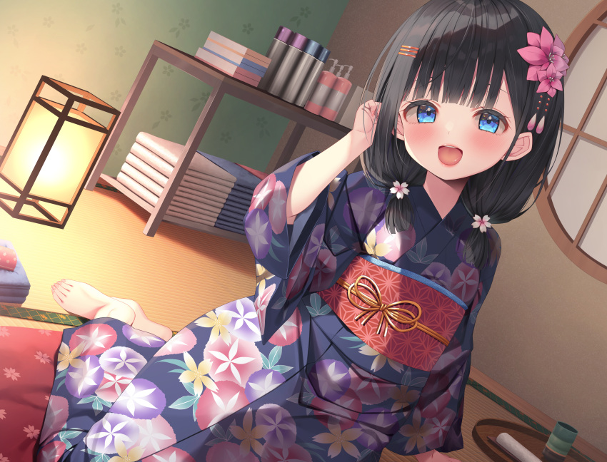 1girl absurdres architecture arm_support asa_no_ha_(awayuki) barefoot black_hair blue_eyes blush cup dutch_angle east_asian_architecture feet floral_print floral_print_kimono highres indoors japanese_clothes kimono lantern long_hair looking_at_viewer non-web_source obi open_mouth original purple_kimono sash shampoo_bottle shelf sitting solo tatami teacup toes towel tray twintails wide_sleeves