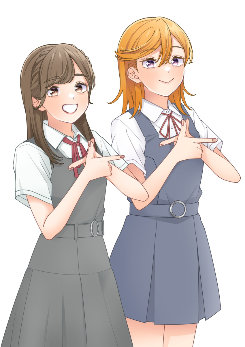2girls :&gt; belt black_belt black_dress blue_belt blue_dress braid brown_eyes brown_hair brown_nails commentary_request date_sayuri double_finger_gun dress dress_shirt eyelashes finger_gun fingernails flipped_hair french_braid grin hair_between_eyes highres long_bangs looking_at_viewer love_live! love_live!_superstar!! medium_hair multiple_girls nail_polish neck_ribbon official_art orange_hair own_hands_together pinafore_dress real_life red_ribbon ribbon school_uniform shibuya_kanon shirt short_dress short_sleeves side-by-side side_braids simple_background sleeveless sleeveless_dress smile straight_hair swept_bangs thighs violet_eyes voice_actor voice_actor_connection w_arms wabe417 white_background white_dress