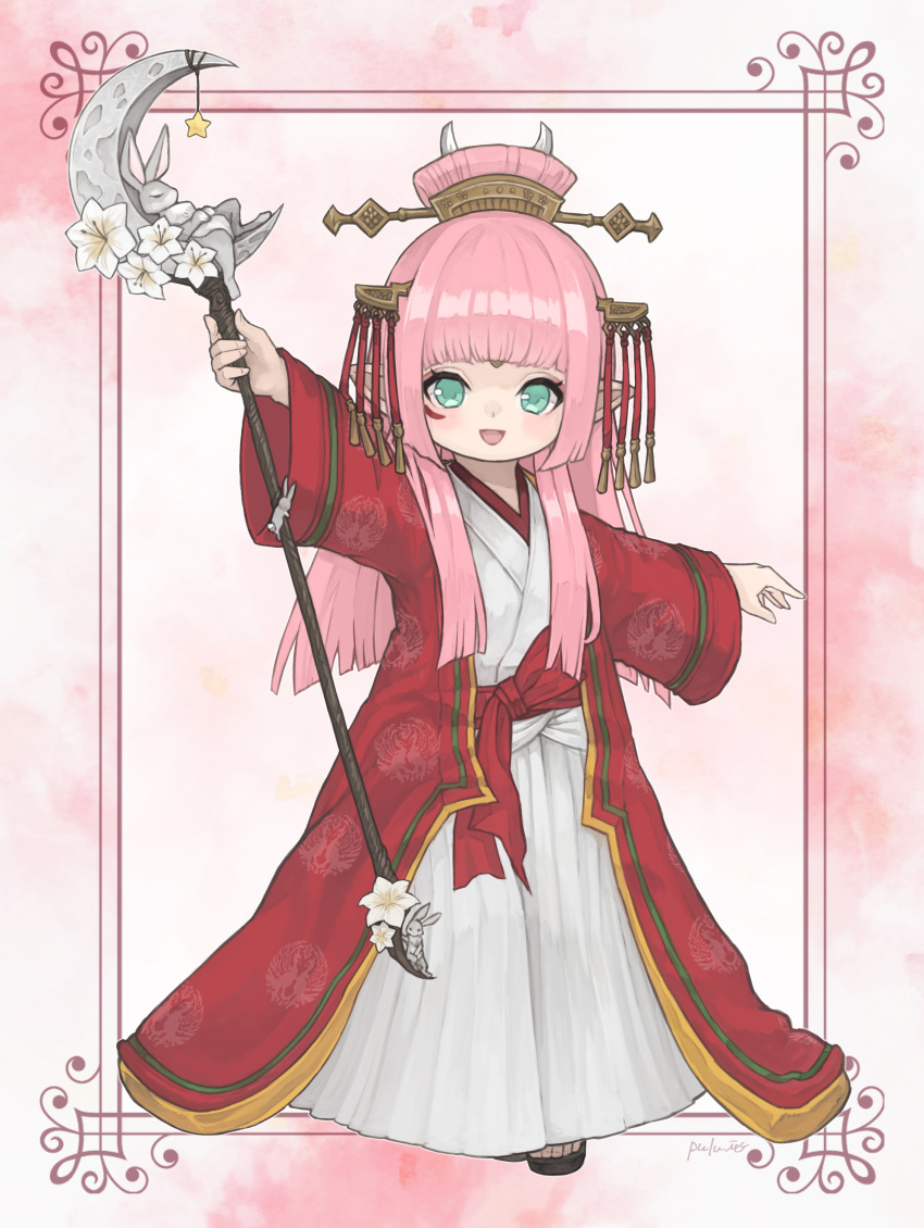 1girl absurdres commission eyebrows_hidden_by_hair final_fantasy final_fantasy_xiv flat_chest full_body green_eyes hakama highres holding holding_staff japanese_clothes kimono kosode long_bangs long_hair looking_at_viewer mage_staff miko okobo open_mouth pink_hair pointy_ears puluie red_kimono red_sash sandals sash smile solo staff warrior_of_light_(ff14) white_hakama