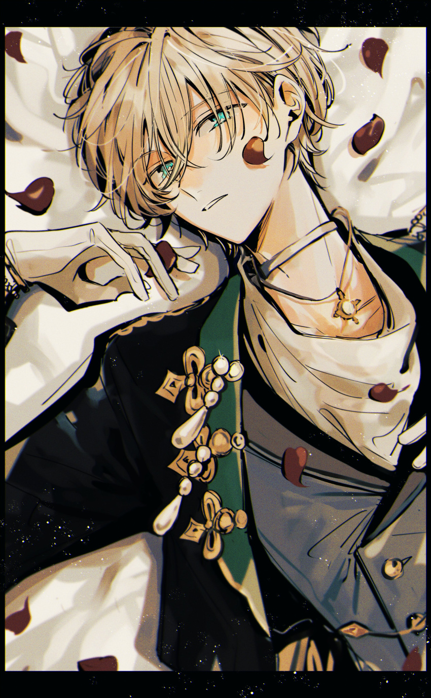 1boy absurdres bed black_jacket blonde_hair blue_eyes choker ensemble_stars! gold_necklace green_jacket grey_vest highres jacket jewelry looking_at_viewer lying male_focus multicolored_clothes multicolored_jacket necklace ninomiya_(t_238_t) on_back petals rose_petals shirt short_hair solo tenshouin_eichi vest white_choker white_shirt