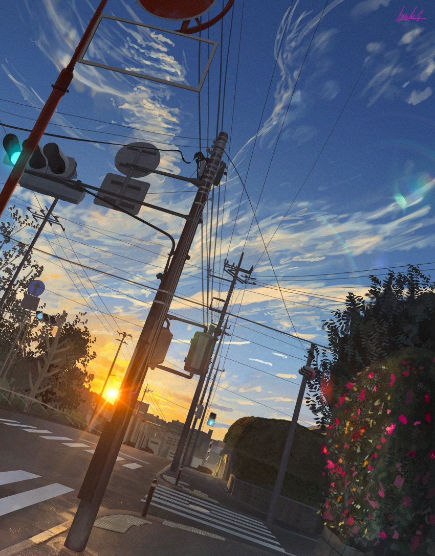 absurdres banishment blue_sky bush clouds cloudy_sky commentary_request crosswalk dutch_angle highres lens_flare no_humans original power_lines road road_sign scenery shadow sign signature sky street sunset traffic_light tree utility_pole