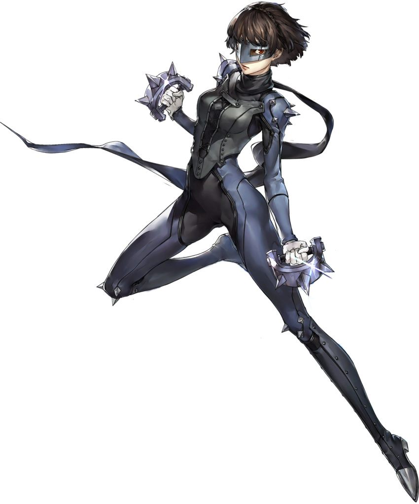 1girl black_bodysuit bodysuit highres niijima_makoto persona_5:_the_phantom_x short_hair spiked_knuckles spikes steel_mask