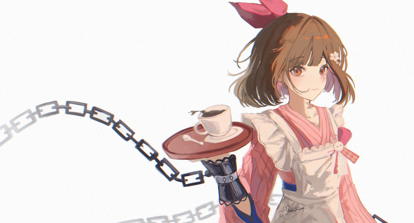 1girl absurdres apron blunt_bangs bow brown_eyes brown_hair chain coffee coffee_cup cuffs cup disposable_cup flower frilled_apron frills hair_bow hair_flower hair_ornament hand_up highres holding holding_tray japanese_clothes kimono looking_at_viewer maid pink_flower pink_kimono red_bow reverse:1999 satsuki_(reverse:1999) saucer short_hair smile solo spoon striped_clothes striped_kimono tray upper_body vertical-striped_clothes vertical-striped_kimono wa_maid white_apron white_background yena_s