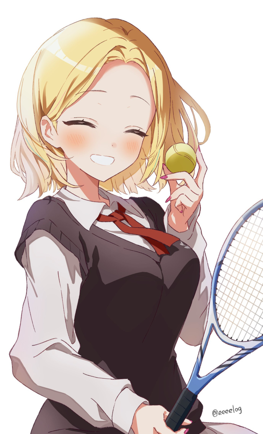 1girl alternate_costume alternate_hair_length alternate_hairstyle ball black_sweater blonde_hair blush breasts closed_eyes collared_shirt facing_viewer forehead grin h_(eitilog) hand_up highres holding holding_ball holding_tennis_racket hoshikawa_sara large_breasts long_sleeves nail_polish neck_ribbon nijisanji parted_bangs pink_nails racket red_ribbon ribbon school_uniform shirt short_hair simple_background smile solo sweater sweater_vest teeth tennis_ball tennis_racket twitter_username upper_body virtual_youtuber white_background white_shirt