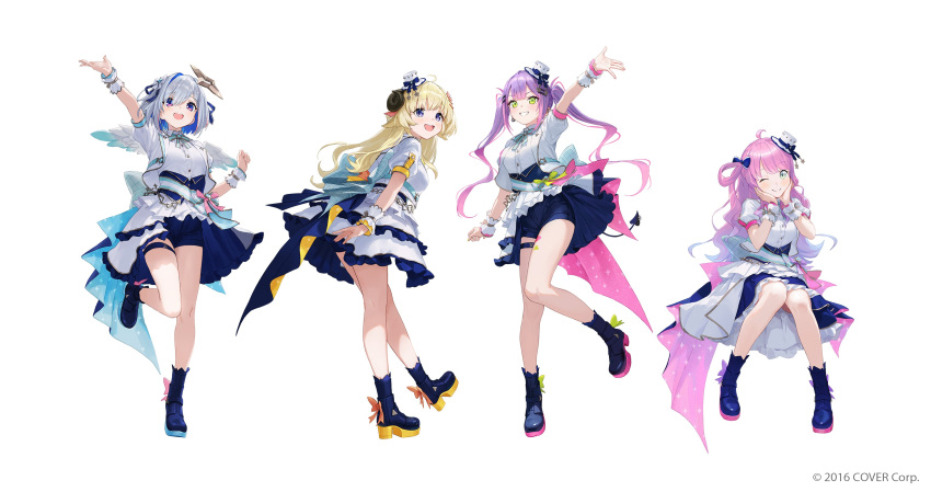 4girls :d absurdres ahoge amane_kanata angel angel_wings animal_ears ankle_boots aqua_bow aqua_bowtie aqua_gemstone aqua_ribbon aqua_sash aqua_skirt aqua_wings arm_up back_bow beads blonde_hair blue_bow blue_corset blue_eyes blue_footwear blue_hair blue_ribbon blue_shorts blue_skirt blush boots bow bowtie brooch buttons closed_mouth collared_jacket colored_inner_hair commentary_request company_name copyright_notice corset curly_hair demon_girl demon_tail dot_nose dress_shirt ear_piercing earrings eyelashes eyes_visible_through_hair feathered_wings footwear_bow frilled_skirt frills full_body gold_ribbon gold_trim green_bow green_eyes grey_hair grin hair_between_eyes hair_bow hair_intakes hair_ornament hair_over_one_eye hair_ribbon hairclip halo hands_on_own_cheeks hands_on_own_face hands_up hat hat_bow high_heel_boots high_heels highres himemori_luna holoforce hololive hololive_idol_uniform_(bright) horns idol idol_clothes industrial_piercing jacket jewelry knees_together_feet_apart lapel_pin lapels large_bow layered_skirt leg_up long_hair looking_ahead looking_at_viewer looking_to_the_side looking_up matsuo_shogo mini_hat multicolored_eyes multicolored_hair multicolored_wings multiple_girls notched_lapels official_alternate_costume official_art one_eye_closed open_clothes open_jacket open_mouth orange_bow orange_ribbon outstretched_arm outstretched_hand overskirt piercing pigeon-toed pink_bow pink_hair pink_ribbon pink_skirt plaid plaid_bow puffy_short_sleeves puffy_sleeves purple_bow purple_hair ribbon sash sash_bow sheep_ears sheep_girl sheep_horns shirt short_hair short_shorts short_sleeves shorts showgirl_skirt simple_background single_hair_ring sitting skirt smile sparkle_print standing standing_on_one_leg star_(symbol) star_hair_ornament star_halo striped_bow striped_sash swept_bangs tail teeth thigh_strap thighs tokoyami_towa top_hat tsunomaki_watame twintails two-sided_fabric two-sided_skirt two-tone_hair underbust upper_teeth_only violet_eyes virtual_youtuber waving wavy_hair white_background white_bow white_headwear white_jacket white_sash white_shirt white_skirt white_wings white_wrist_cuffs wings wrist_cuffs wrist_ribbon yellow_skirt
