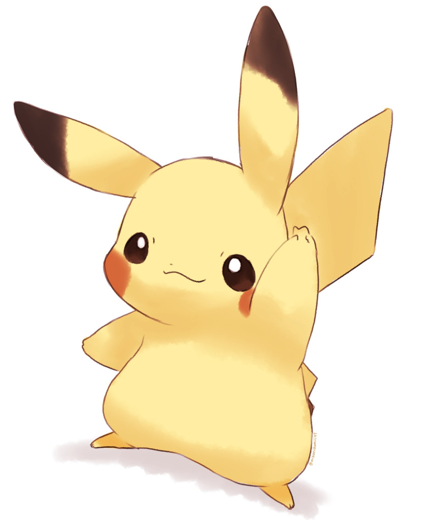 animal_ears colored_skin dot_nose highres misonikomiii no_humans pikachu pokemon pokemon_(creature) solo tail v white_background yellow_skin
