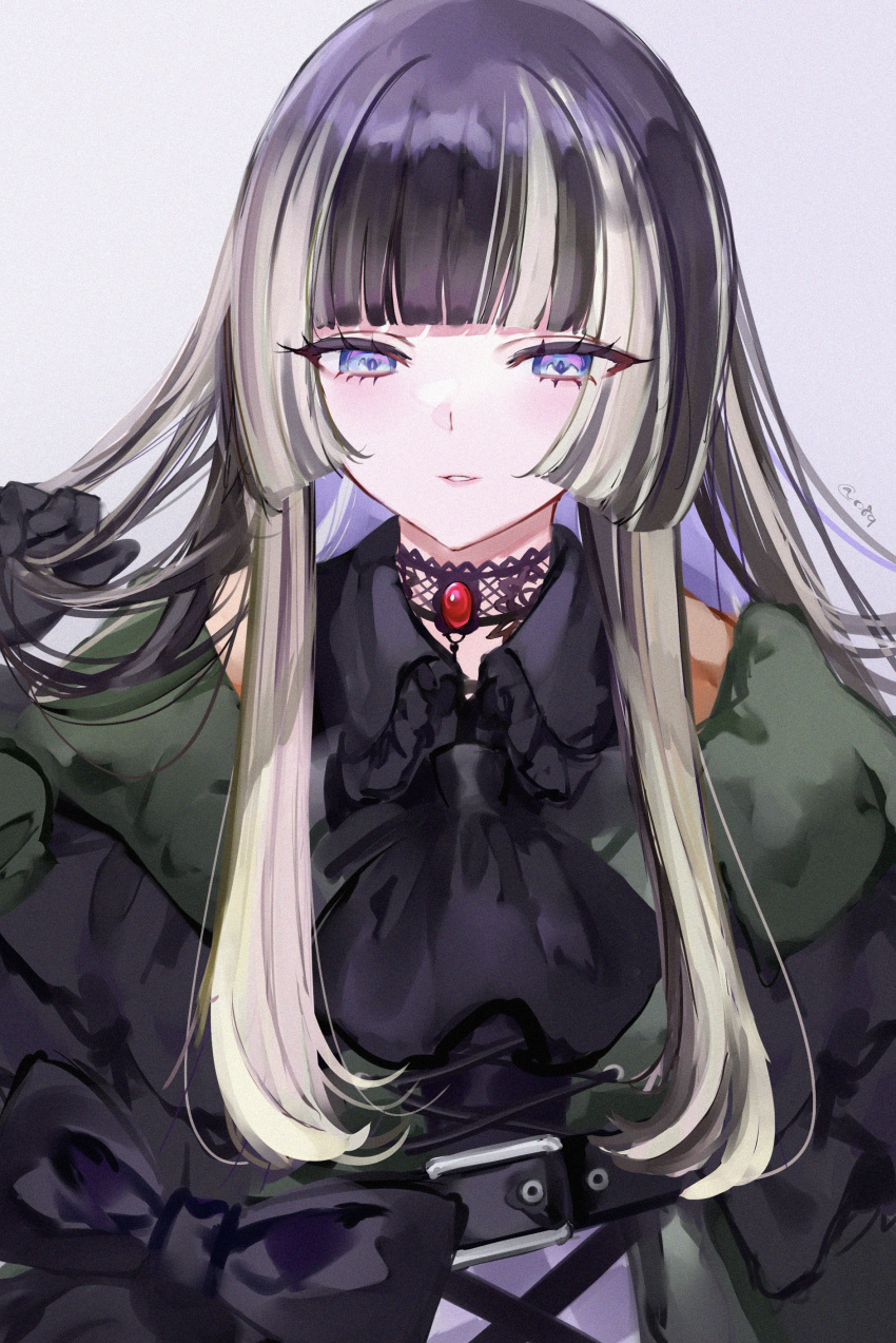 1girl absurdres ascot black_ascot black_bow black_choker black_dress black_eyeliner black_gloves black_hair blue_eyes blunt_bangs bow choker dress eyelashes eyeliner gloves gothic_lolita grey_hair hand_in_own_hair highres hololive hololive_dev_is jewelry juufuutei_raden lace lace-trimmed_choker lace_choker lace_trim light_smile lolita_fashion long_hair long_sleeves looking_at_viewer makeup mile_(off8mile) multicolored_hair red_brooch sidelocks simple_background smile solo streaked_hair two-tone_hair virtual_youtuber white_background
