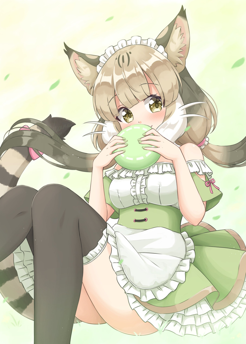 1girl absurdres animal_ears apron cat_ears cat_girl cat_tail dress extra_ears food green_dress grey_hair highres japari_bun jungle_cat_(kemono_friends) kemono_friends long_hair looking_at_viewer maid_apron maid_headdress ribbon shiraha_maru simple_background solo tail thigh-highs twintails yellow_eyes