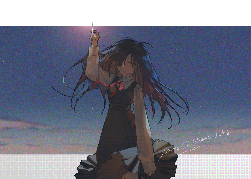 1girl absurdres aged_down angelia_(girls'_frontline) black_dress black_hair blueblossom brown_eyes closed_mouth clouds collared_shirt dated dress english_commentary english_text evening girls_frontline hand_up highres knee_up long_hair long_sleeves neckerchief red_neckerchief shirt sky solo star_(sky) white_shirt