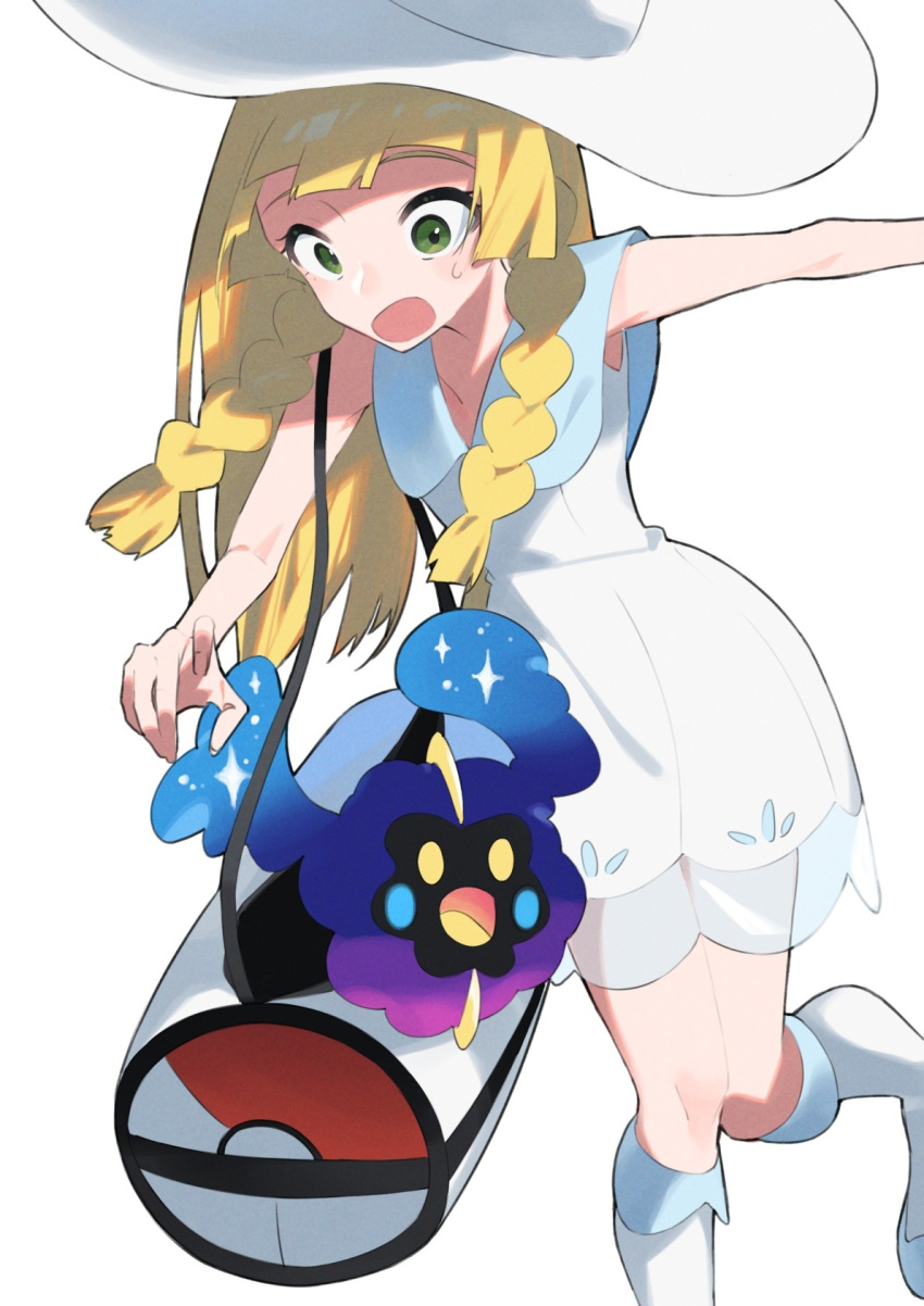 1girl :o aoi_(altea0923) bag bare_arms bare_shoulders blonde_hair boots braid cosmog dress feet_out_of_frame green_eyes hand_out_of_frame hat highres knees_together_feet_apart lillie_(pokemon) long_hair open_mouth poke_ball_symbol pokemon pokemon_sm simple_background sleeveless sleeveless_dress star_(symbol) sun_hat sundress sweatdrop tareme twin_braids white_background white_dress white_footwear