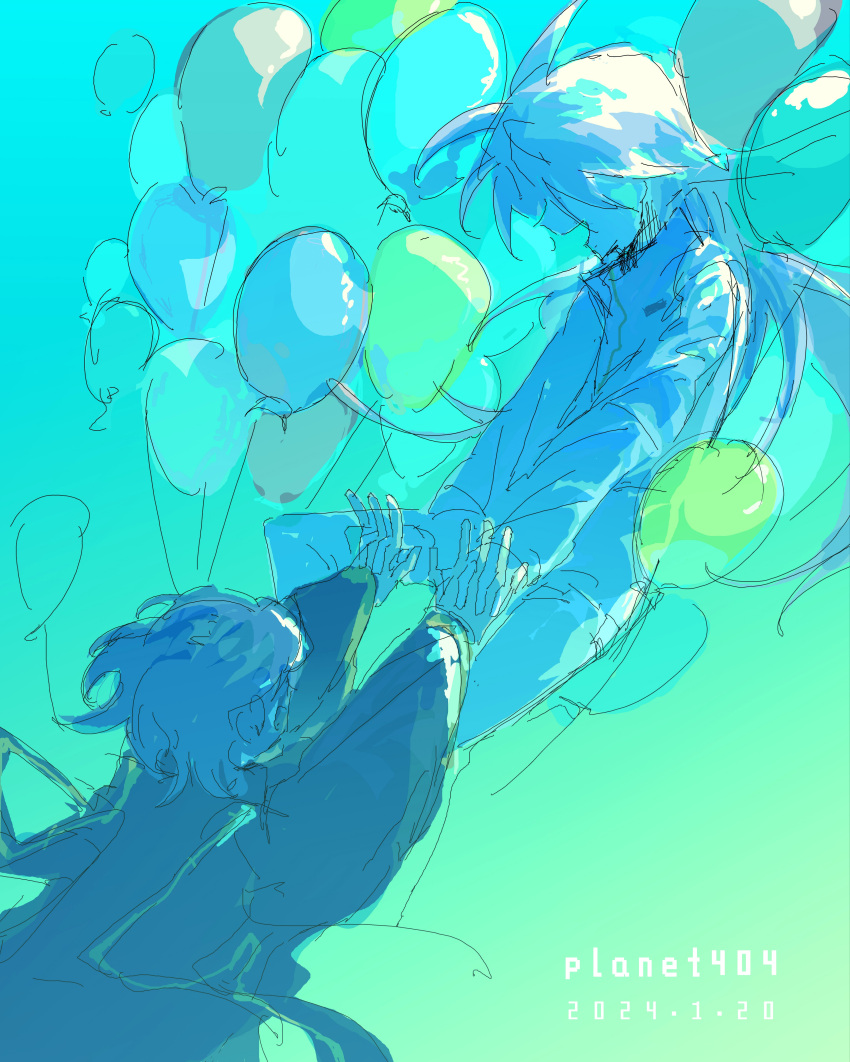 2boys absurdres balloon blue_hair chinese_commentary commentary_request gradient_background hatsutori_hajime highres holding_hands long_hair long_sleeves male_focus multiple_boys open_mouth pants pink_hair saibou_shinkyoku shirt short_hair sketch smile too_many_balloons utsugi_noriyuki white_pants white_shirt xiaogugu87440