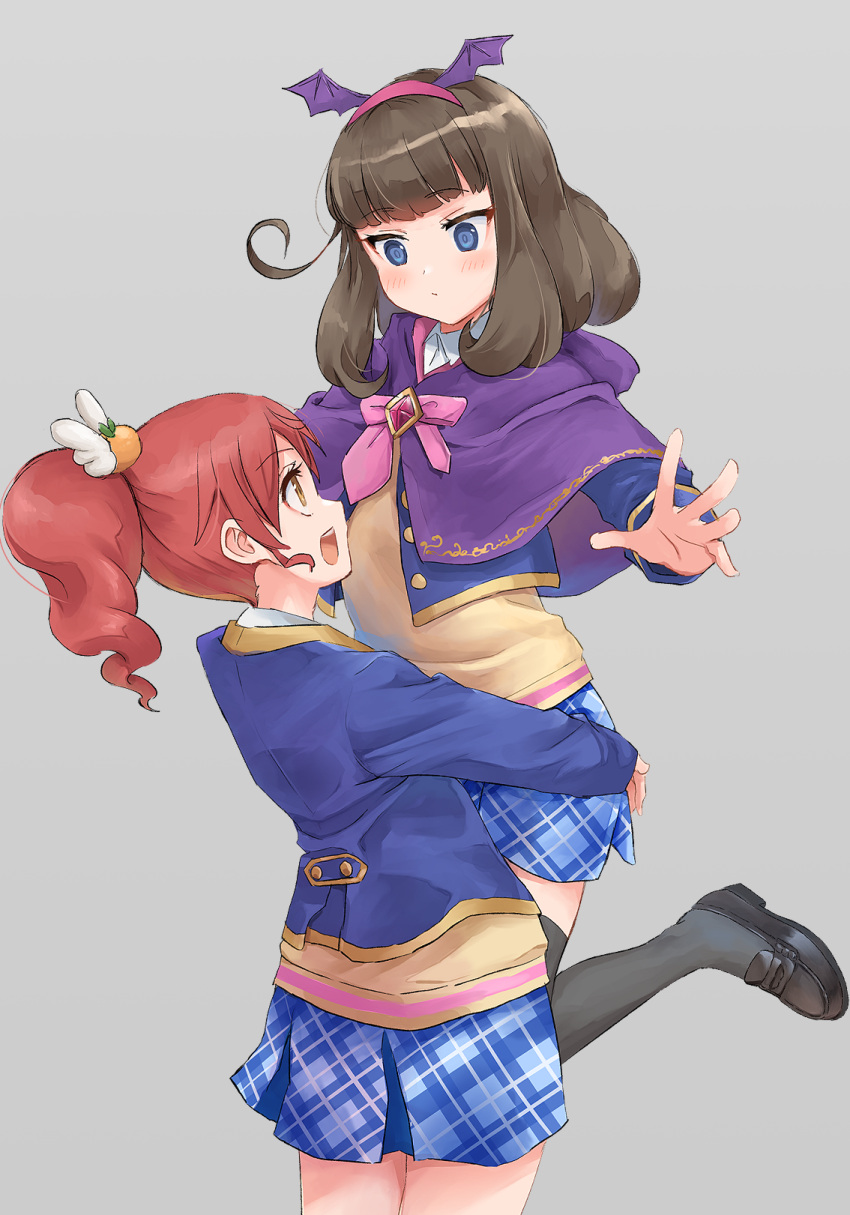 2girls :d black_footwear black_hair blazer blue_eyes blue_jacket blue_skirt blush brown_eyes capelet closed_mouth collared_shirt commentary_request dress_shirt eye_contact fake_wings grey_background grey_thighhighs hairband highres hood hood_down hooded_capelet hug jacket kurosu_aroma lifting_person loafers long_sleeves looking_at_another multiple_girls okiru open_clothes open_jacket pink_hairband plaid plaid_skirt pleated_skirt ponytail pretty_series pripara profile purple_capelet redhead shiratama_mikan shirt shoes simple_background skirt smile sweater_vest thigh-highs white_shirt winged_hairband wings